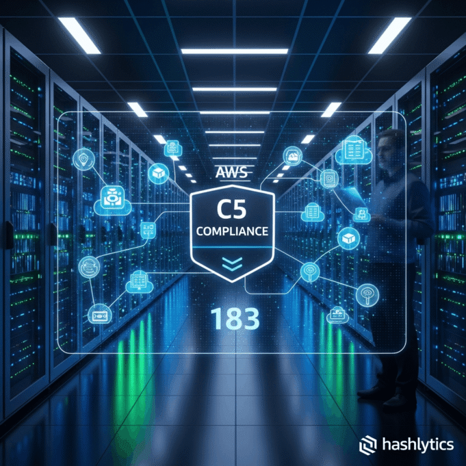 featured image for "AWS Renews GSMA Security Certification Through 2026" with "hashlytics at the lower right corner. make it realistic enough