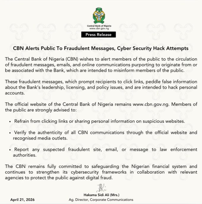 CBN Warns of Phishing Campaign Targeting Nigerians