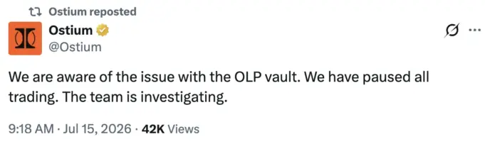 Ostium Halts Trading After $18M-$22M Exploit Report