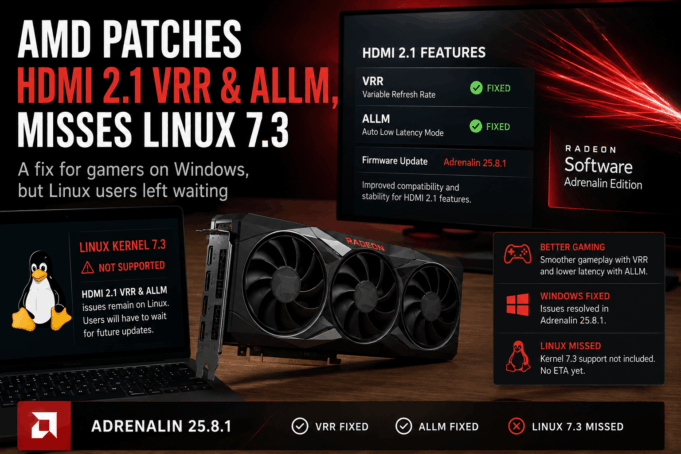 AMD Patches HDMI 2.1 VRR & ALLM, Misses Linux 7.3 AMD Patches HDMI 2.1 VRR & ALLM, Misses Linux 7.3